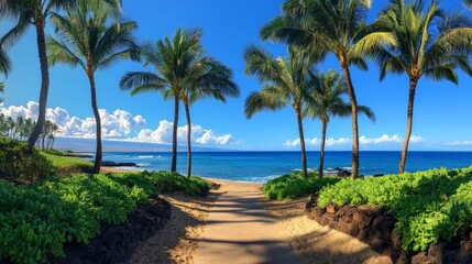 Fototapeta premium A panoramic view of a tropical paradise, palm trees lining both sides of a sandy pathway leading to an untouched beach with a clear horizon.
