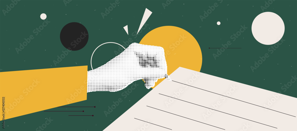 Poster Dynamic geometric collage with halftone art elements for modern design projects