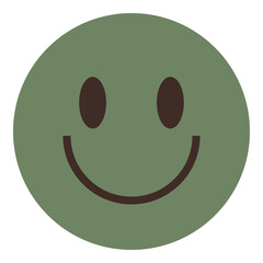 Green round face with a black happy smile and oval eyes. Ideal for positivity, mental health, emotions, communication, branding, social media, education. Flat color icon