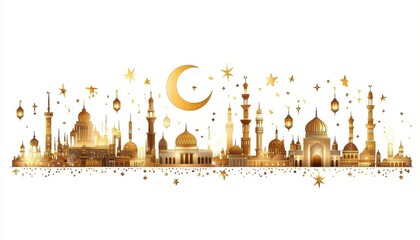 Golden Islamic Cityscape at Night with Crescent Moon and Stars