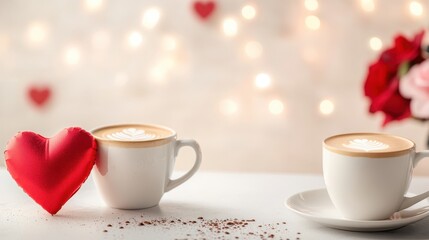 Obraz premium Cappuccino cups displaying heart shaped latte art, sprinkled with cocoa powder, creating intimate valentine mood under soft glowing lights