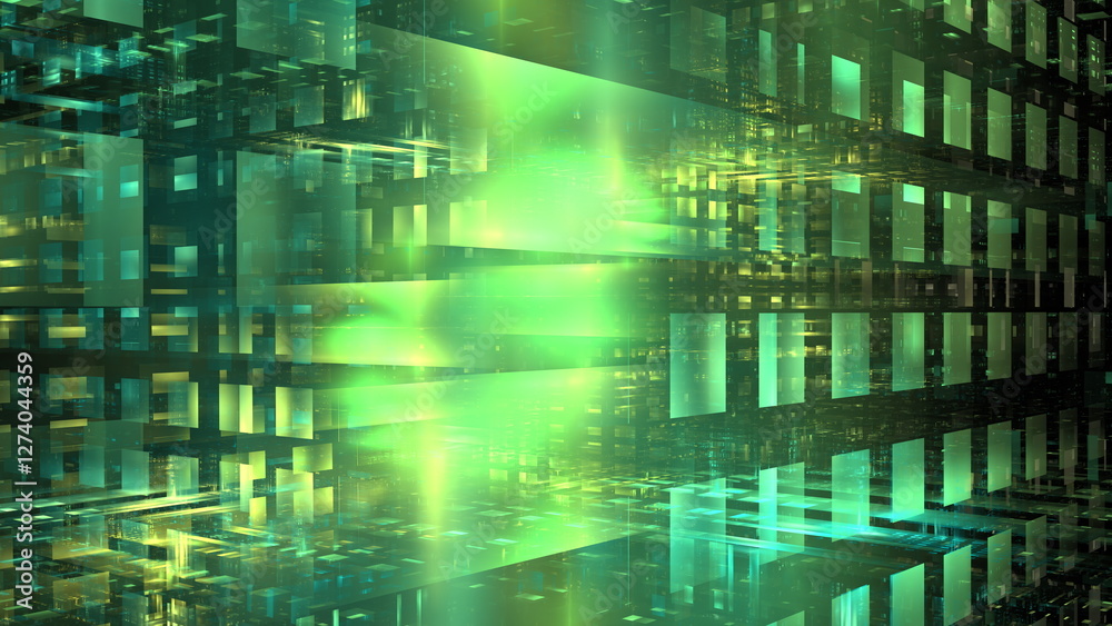 Fototapete Intricate geometric patterns form a visually striking digital abstract with vibrant green tones and dynamic lighting effects, creating a futuristic atmosphere filled with depth. 3d render