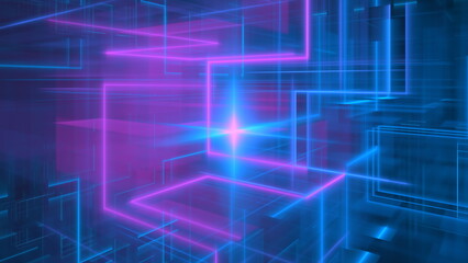 vibrant digital landscape showcases bright neon geometric shapes and glowing lines in shades of blue and pink. futuristic design forms an immersive visual experience, captivating viewers. 3d render