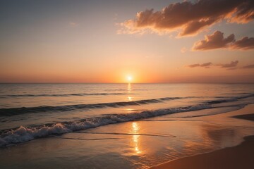 Obraz premium sunset over the ocean with a surfer walking on the beach