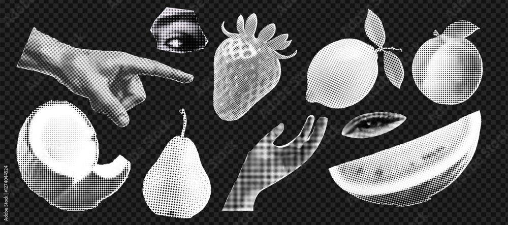 Wall mural set of hands gestures at the popart style and halftone effect on the transparent grid background. tr