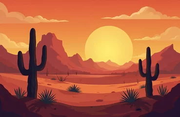 Wild West Texas desert sand landscape illustration with cactus silhouette. Mountains against orange sky at sunset. Nature wilderness in cartoon flat style. Travel, adventure background. Summer
