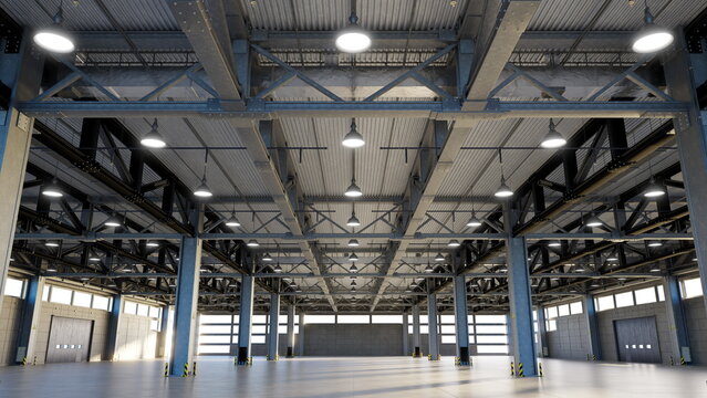 Spacious industrial warehouse features high ceilings and plenty of overhead lighting, offering a clean environment for storage or business activities, located in a commercial area. 3d render