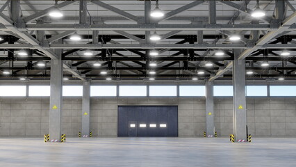Spacious industrial warehouse featuring bright overhead lights, large open area, and tall ceilings....
