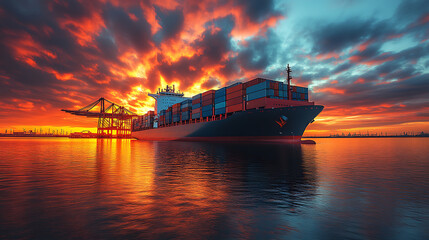 A large cargo ship docked at an industrial port, loaded with colorful shipping containers under the evening sky. The image symbolizes global trade, logistics, and international shipping