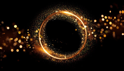 Golden glittering circle with shining particles on black background. Round shape. Abstract design.
