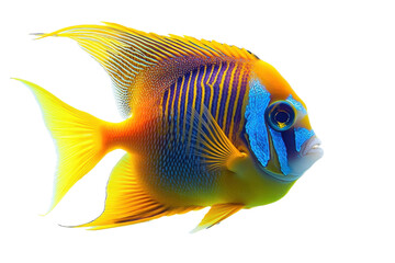A vibrant fish swimming through a blue-framed window under bright, clear water isolated on transparent background