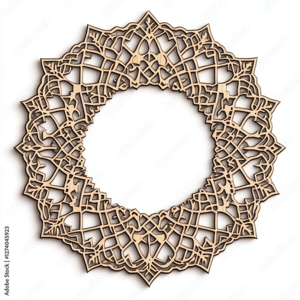 Aufkleber intricate wooden mandala design with circular frame and beige color on white background