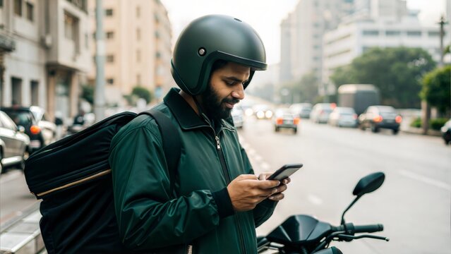 Indian Delivery Worker Checking Smartphone for Directions – A courier standing beside a parked bike, looking at a phone for navigation, with a branded bag secured behind.
