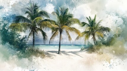 Fototapeta premium A watercolor painting-style image of palm trees and soft white sand, blending realism with artistic abstraction.