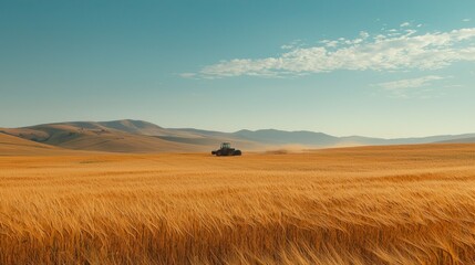 Naklejka premium Expansive Golden Wheat Fields with Tractor Against Blue Sky