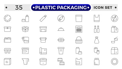 Plastic packaging outline icons set. Disposable tableware, water bottle, blister pack, container, canister, garbage bag, bubble wrap vector illustration. Outline signs of polyethylene.