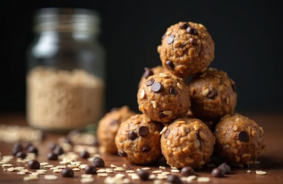 Close-up shot of energy balls with chocolate chips. Homemade snack made from peanut butter, oats. Healthy organic raw vegetarian dessert made of nuts, seeds and dried fruits.
