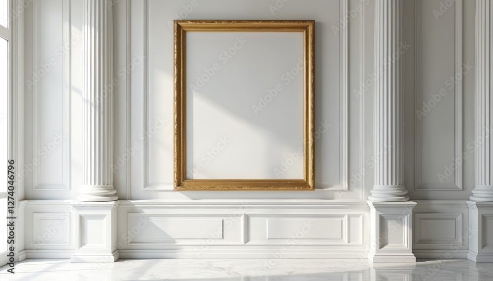 Aufkleber Rectangular empty painting in gold frame on white wall, between columns. Sunlight. Classic interior with copy space. Luxury style gallery, museum. Place your art, image, picture, or poster.