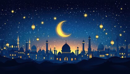Night Cityscape with Crescent Moon and Golden Lanterns