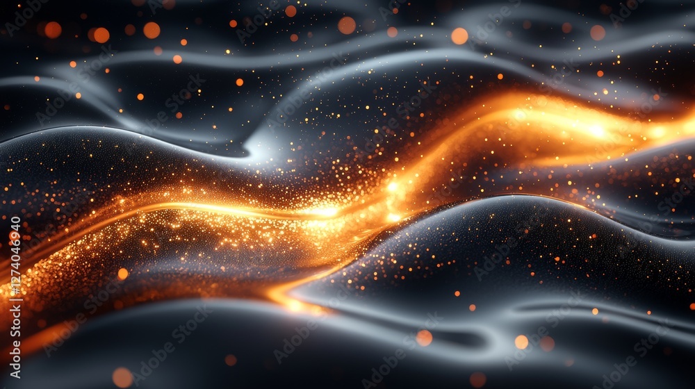 Poster the background features dynamic abstract swirling patterns of orange and silver on a dark canvas, cr