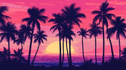 Artistic silhouette of palm trees lining the beach, set against a vivid pink and purple sunset sky, tropical paradise aesthetics.