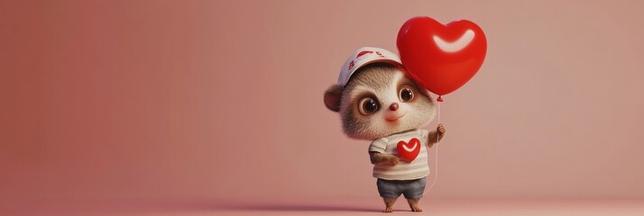 Fototapeta premium This adorable baby raccoon with a red balloon captures a cheerful and joyful mood, ideal for children stories, set against a soft pastel background, banner