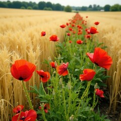 Vines of red poppy flowers intertwined with golden barley, flower fields, countryside