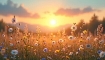 Naklejka premium Wildflowers meadow at sunset. Summer, spring floral illustration for banners. Botanical herbs background with daisies, cereals, bright vivid colours at setting sun.