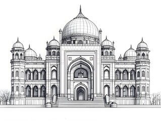 Obraz premium Detailed Line Drawing of Traditional Palace with Ornate Domes and Arches