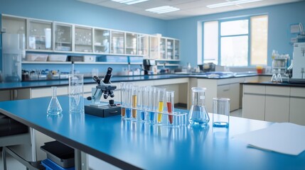 Bright, well-equipped school science lab with test tubes, microscopes, molecular models, and students actively learning.