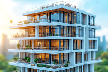 Obraz premium A modern building under construction with scaffolding surrounding the structure, illuminated by bright sunlight. The image represents real estate development, construction industry, and architectural 