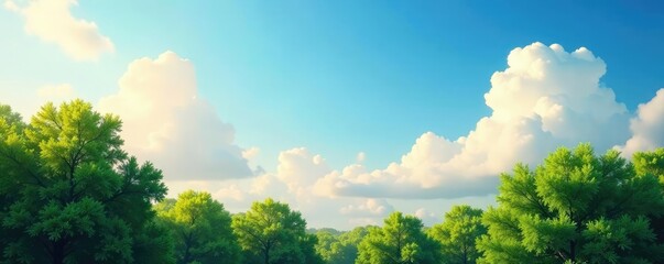 The sky is painted with wispy clouds over the treetops, soft focus, nature