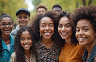 Obraz premium Diverse group of happy, smiling people stands together in park. Multi-ethnic crowd shows different cultures, pro friendship. Family, multicultural friends. Vibrant gathering, multiracial, positive