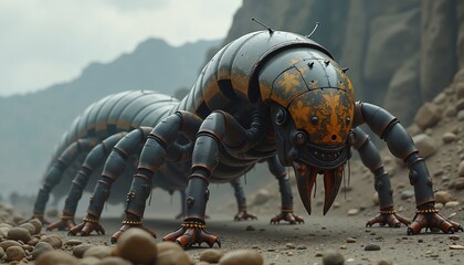 Fototapeta premium Mechanical fantasy creature prowling rocky landscape in post-apocalyptic setting