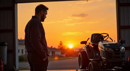 Naklejka premium dawn, man standing in garage, thoughtfully looking at big silver lawn mower, hands in pockets, face focused