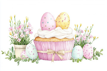 A pastel-themed cupcake decorated with colorful Easter eggs and flowers, evoking a festive spring vibe.