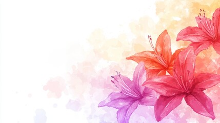 Obraz premium Watercolor Floral Background, Orange and Purple Lilies on Pastel Washes, Gentle Design