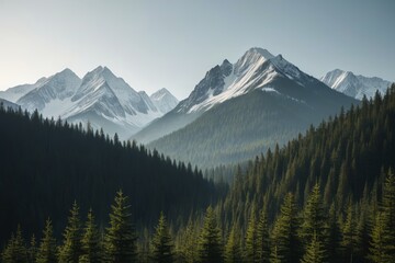Naklejka premium mountains with snow on them and pine trees in the foreground
