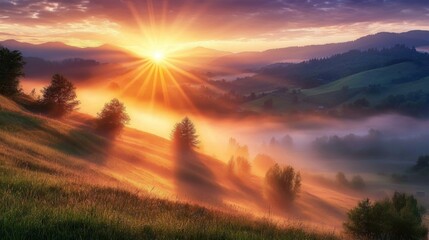 Obraz premium Majestic Sunrise Over Misty Hills with Radiant Sunrays and Clouds