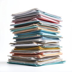 Isolated stack of colorful documents, paperwork. Pile of business papers, file folders on white backdrop. Financial reports, contracts, office documents. Concept of accounting, archive data