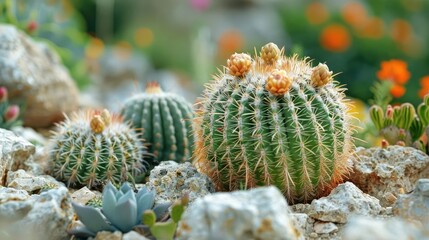 A close-up of various cacti surrounded by rocks and colorful flowers in a garden setting.