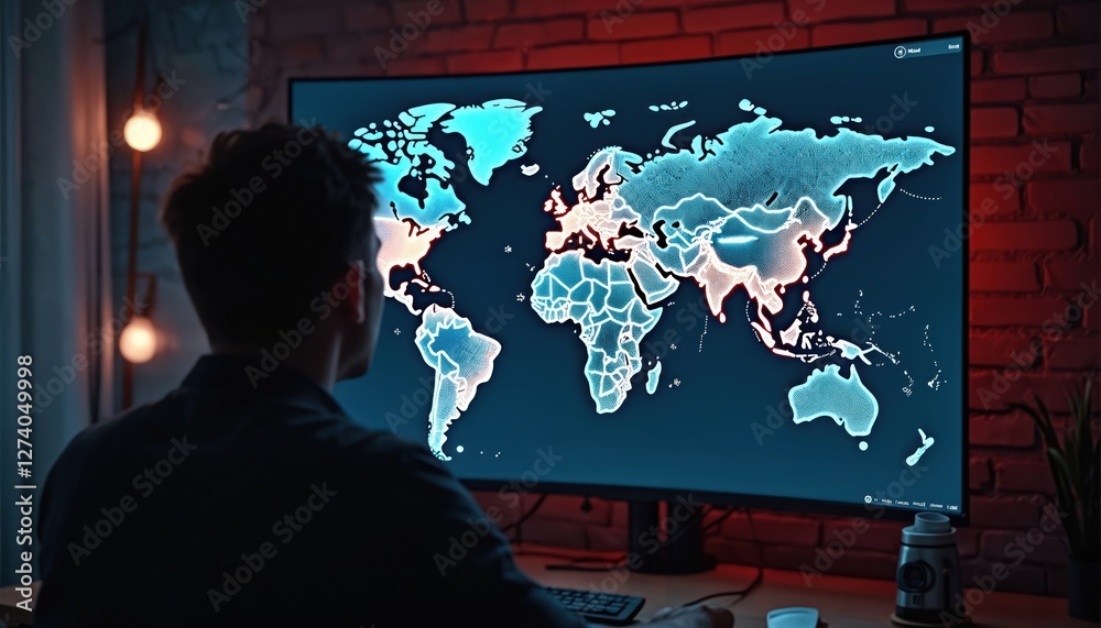 Aufkleber man analyzes network vulnerability of digital world map on computer screen. network security special