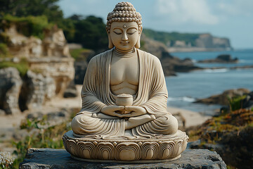 Fototapeta premium A serene depiction of Buddha in traditional robes, radiating peace and mindfulness. His calm expression symbolizes enlightenment, meditation, and inner harmony. Perfect for spiritual, religious, and m