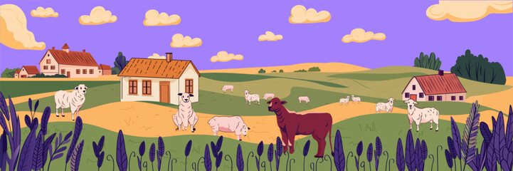 Farm landscape sheep grazing countryside scenery rural houses fields purple sky clouds plants