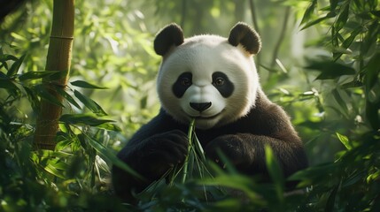 Obraz premium A giant panda peacefully eating bamboo in a dense green forest.