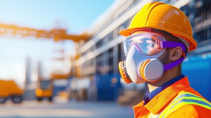 A construction worker in safety gear, including a hard hat and respirator, stands in front of an industrial site, emphasizing workplace safety.