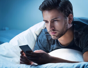 young man using a mobile phone in bed