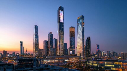 Naklejka premium Urban Skyline at Sunset with Skyscrapers and Vibrant Lights