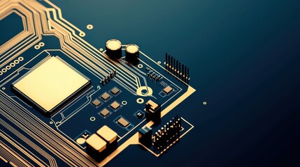 Detailed Close-Up of a Modern Circuit Board with Shiny Gold Elements and Intricate Electrical Components