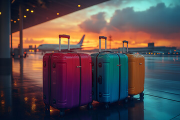 A set of stylish suitcases in various colors placed in an airport terminal with a blurred airplane in the background. The image symbolizes travel, tourism, and international journeys